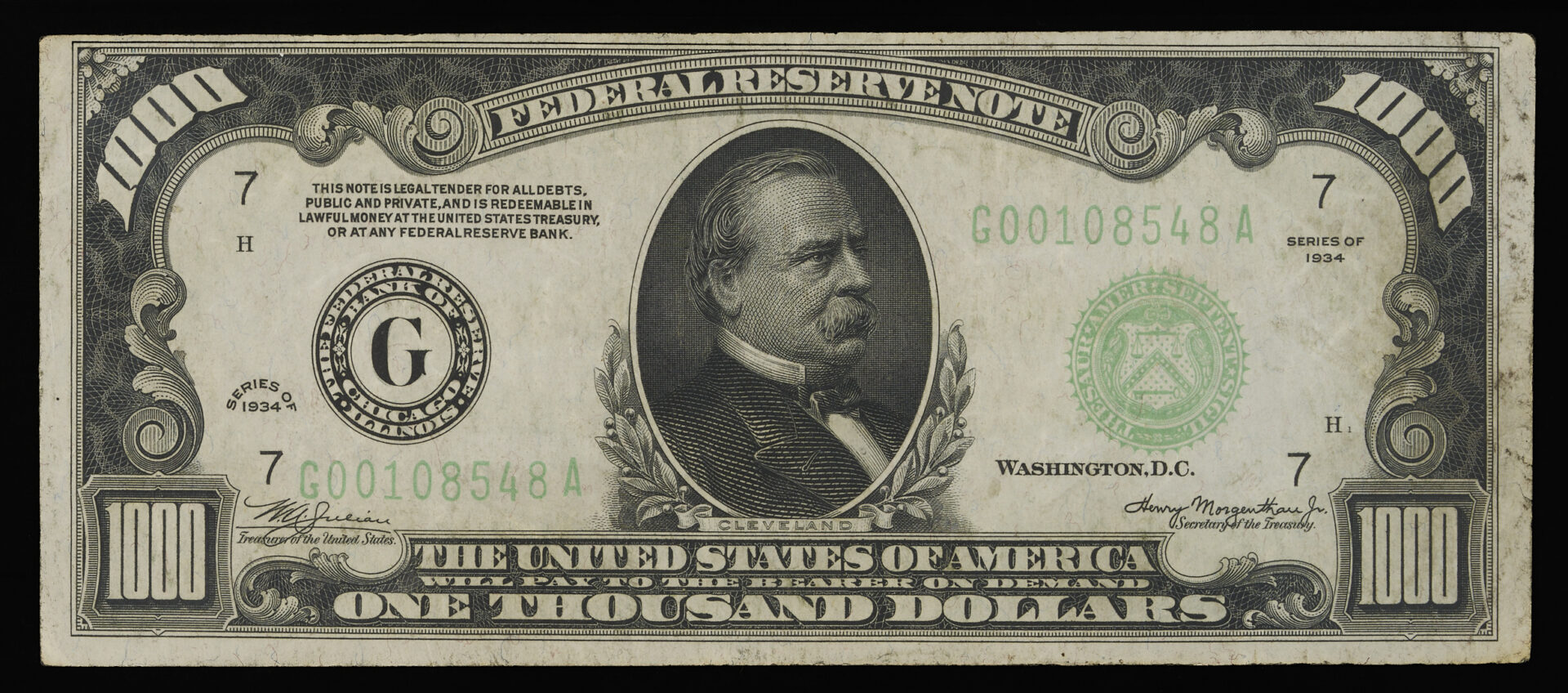 Lot 533: 1934 President Grover Cleveland $1,000 Federal Reserve Note, Chicago