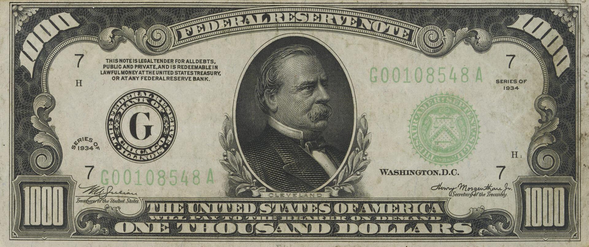 Lot 533: 1934 President Grover Cleveland $1,000 Federal Reserve Note, Chicago