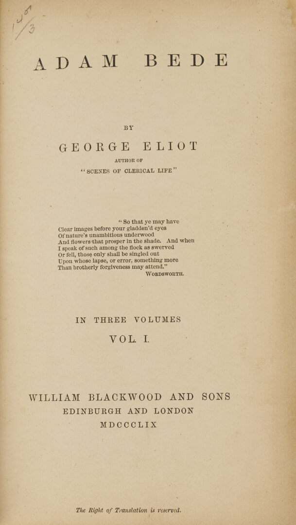 Lot 545: 30 Vols. George Eliot 1st Editions; Mill on the Floss, Silas Marner, Deronda, etc.