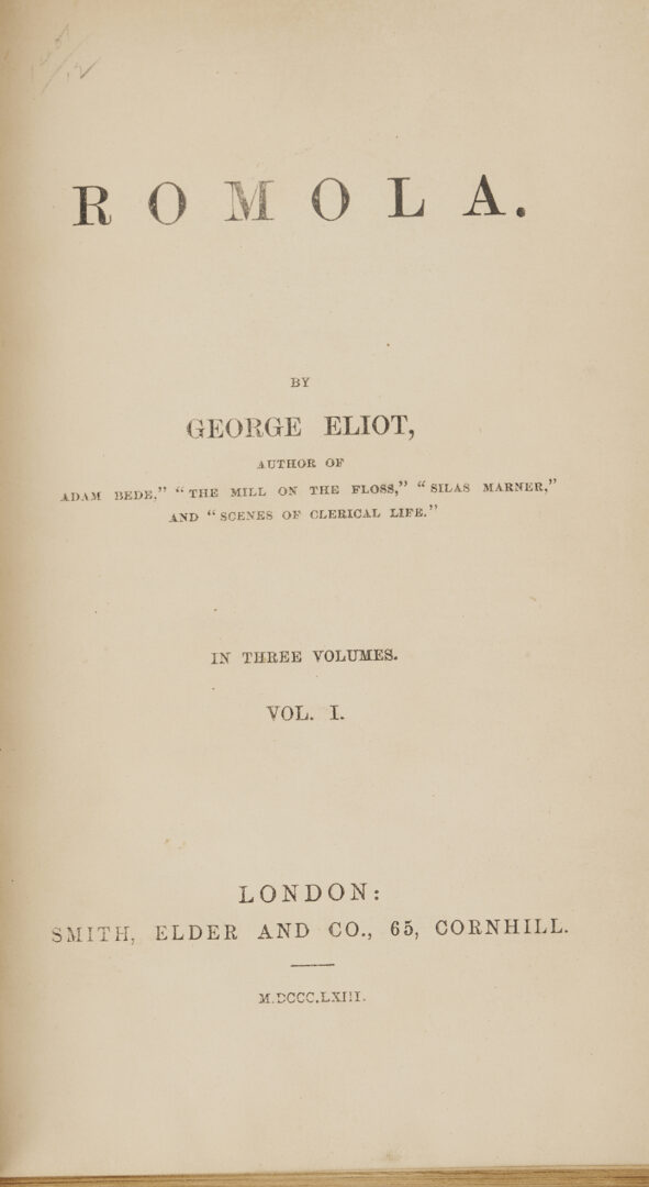 Lot 545: 30 Vols. George Eliot 1st Editions; Mill on the Floss, Silas Marner, Deronda, etc.