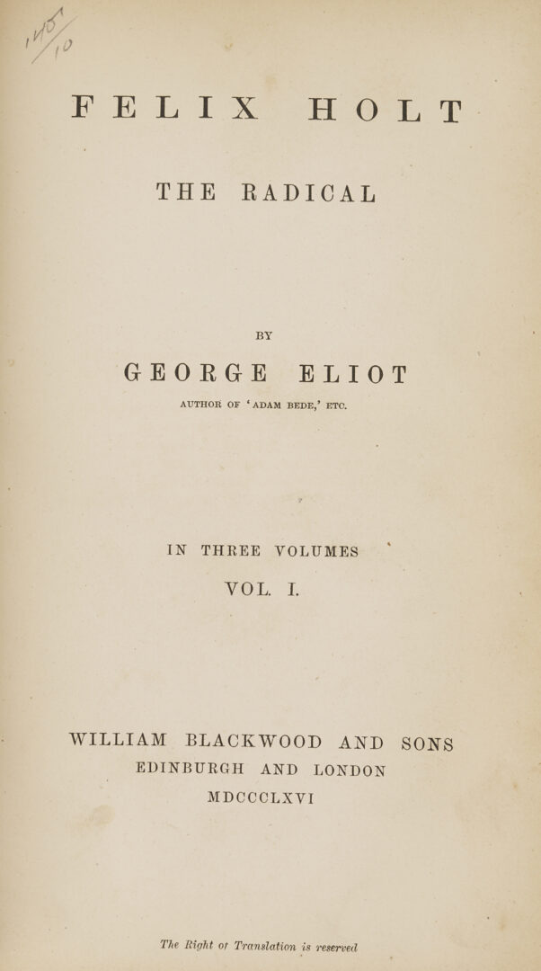 Lot 545: 30 Vols. George Eliot 1st Editions; Mill on the Floss, Silas Marner, Deronda, etc.