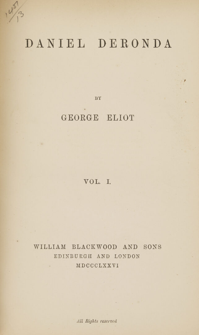 Lot 545: 30 Vols. George Eliot 1st Editions; Mill on the Floss, Silas Marner, Deronda, etc.