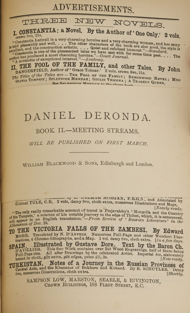 Lot 545: 30 Vols. George Eliot 1st Editions; Mill on the Floss, Silas Marner, Deronda, etc.