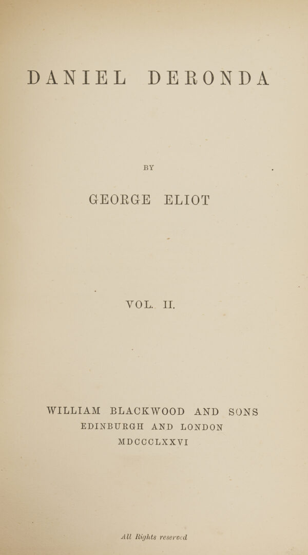 Lot 545: 30 Vols. George Eliot 1st Editions; Mill on the Floss, Silas Marner, Deronda, etc.