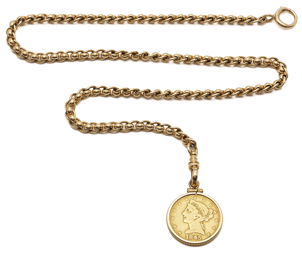 Lot 54: 18K Gold Pocket Watch Chain w/ 1845 $5 Liberty Gold Coin
