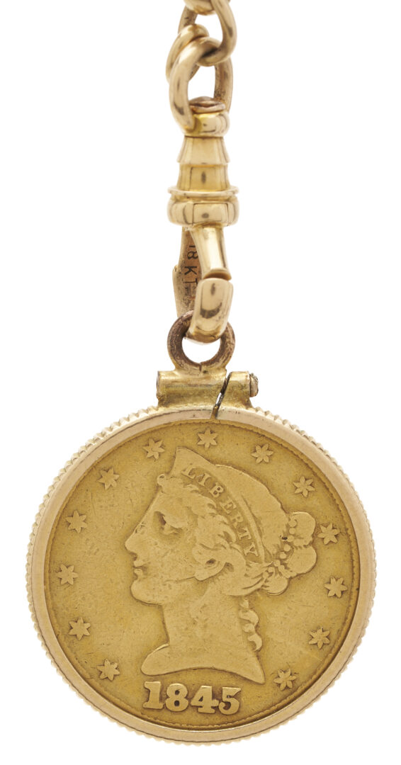 Lot 54: 18K Gold Pocket Watch Chain w/ 1845 $5 Liberty Gold Coin
