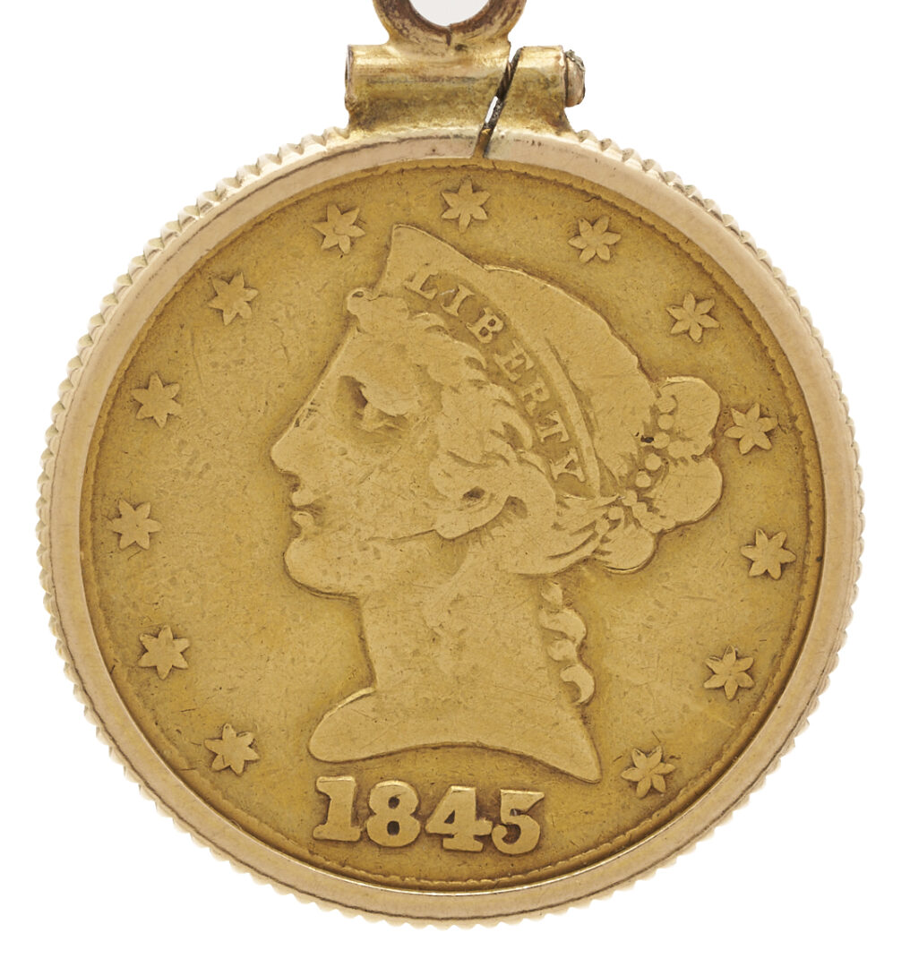 Lot 54: 18K Gold Pocket Watch Chain w/ 1845 $5 Liberty Gold Coin