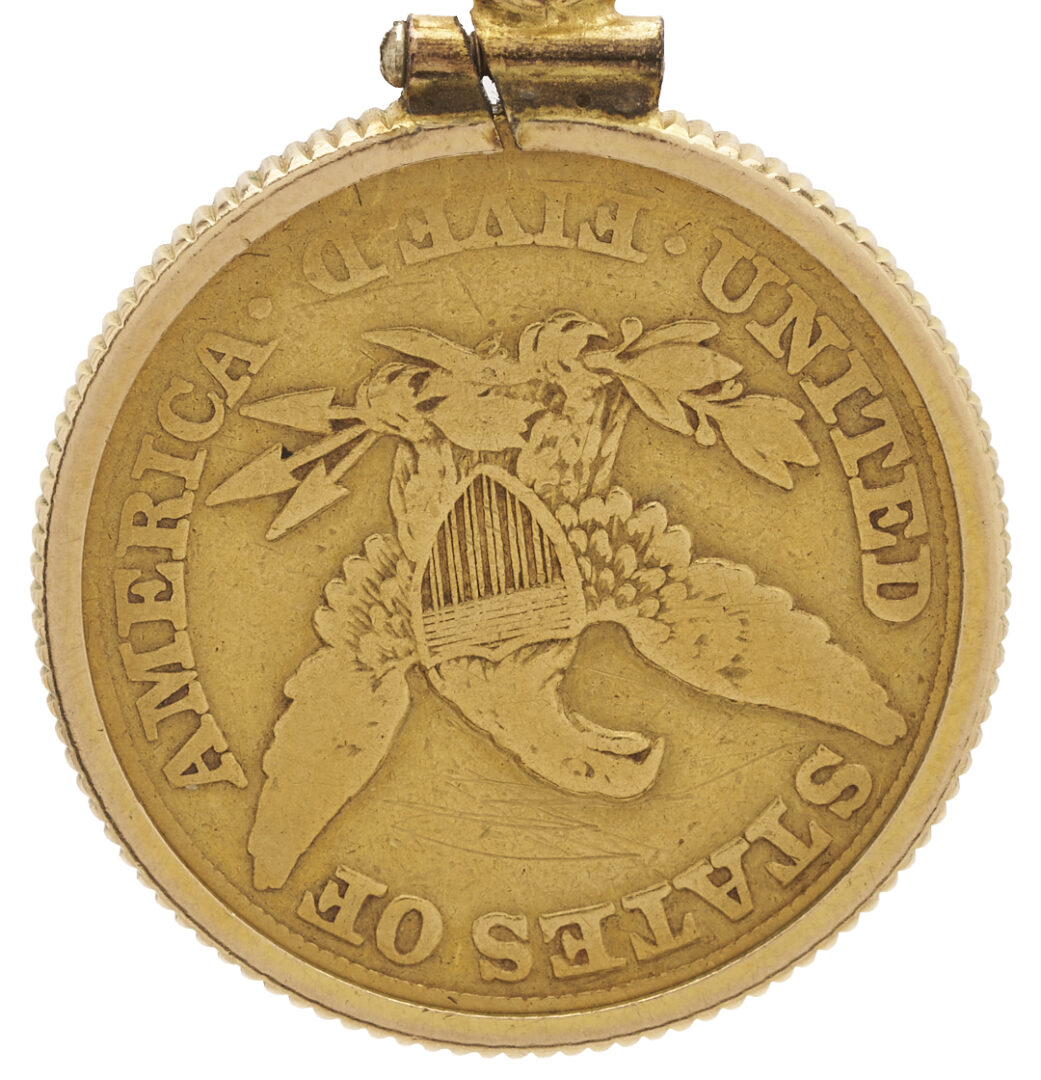 Lot 54: 18K Gold Pocket Watch Chain w/ 1845 $5 Liberty Gold Coin