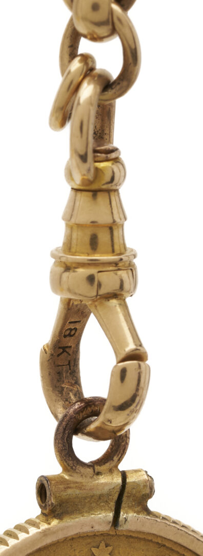 Lot 54: 18K Gold Pocket Watch Chain w/ 1845 $5 Liberty Gold Coin