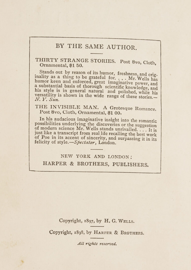 Lot 551: HG Wells, The War of the Worlds First US Edition