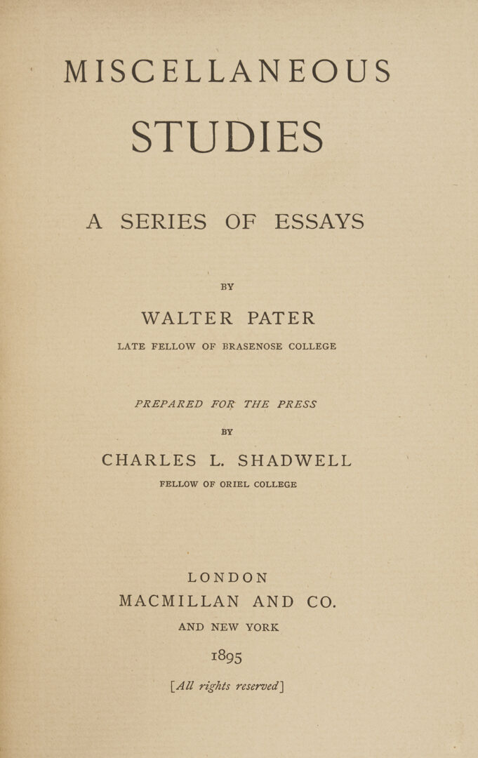 Lot 552: 9 Walter Pater Books, 1st Editions, Bound by Riviere & Son