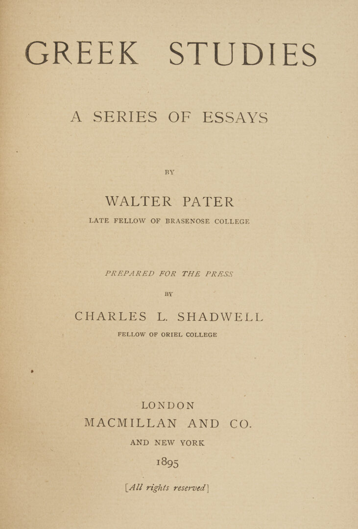 Lot 552: 9 Walter Pater Books, 1st Editions, Bound by Riviere & Son