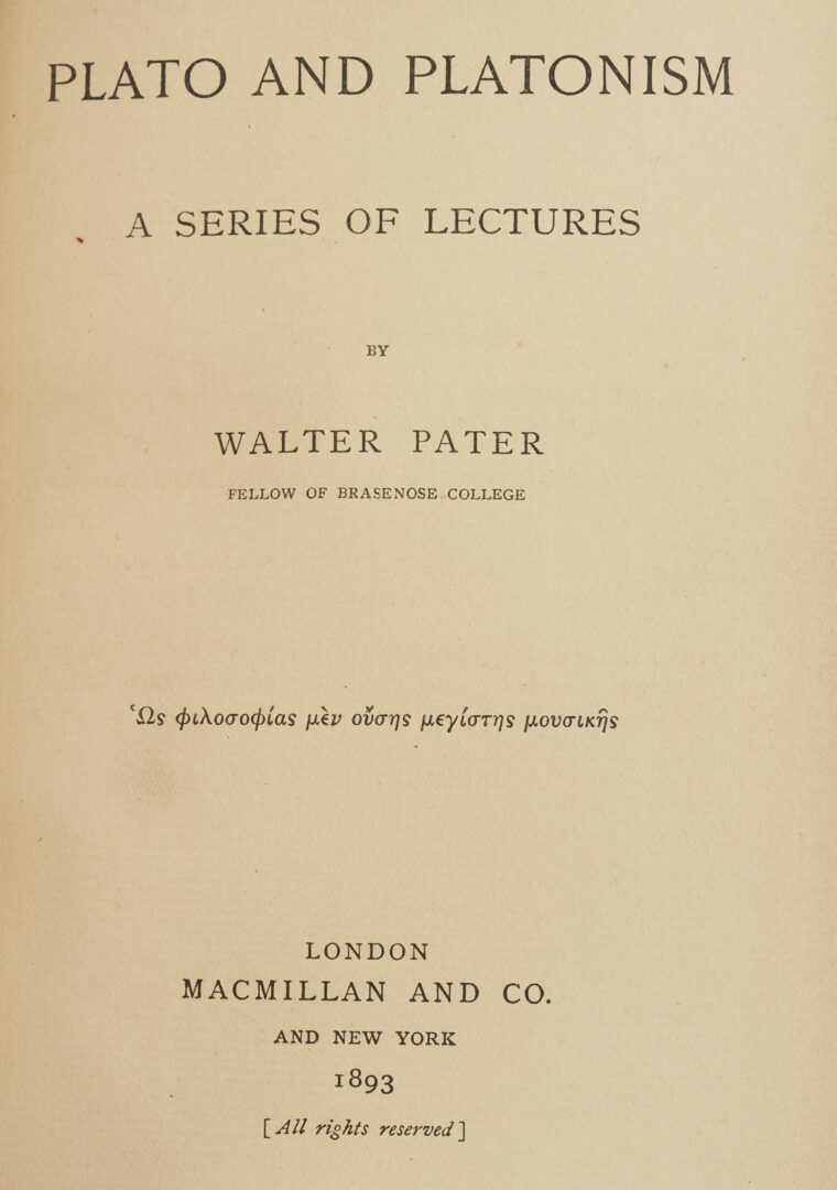 Lot 552: 9 Walter Pater Books, 1st Editions, Bound by Riviere & Son