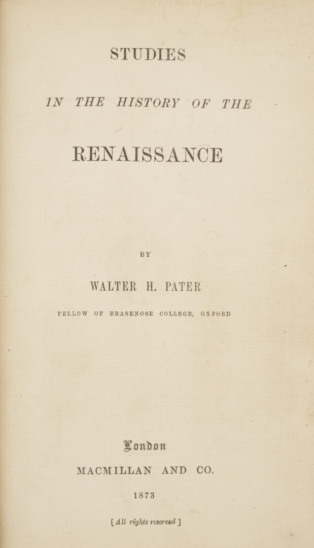 Lot 552: 9 Walter Pater Books, 1st Editions, Bound by Riviere & Son