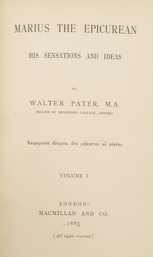 Lot 552: 9 Walter Pater Books, 1st Editions, Bound by Riviere & Son