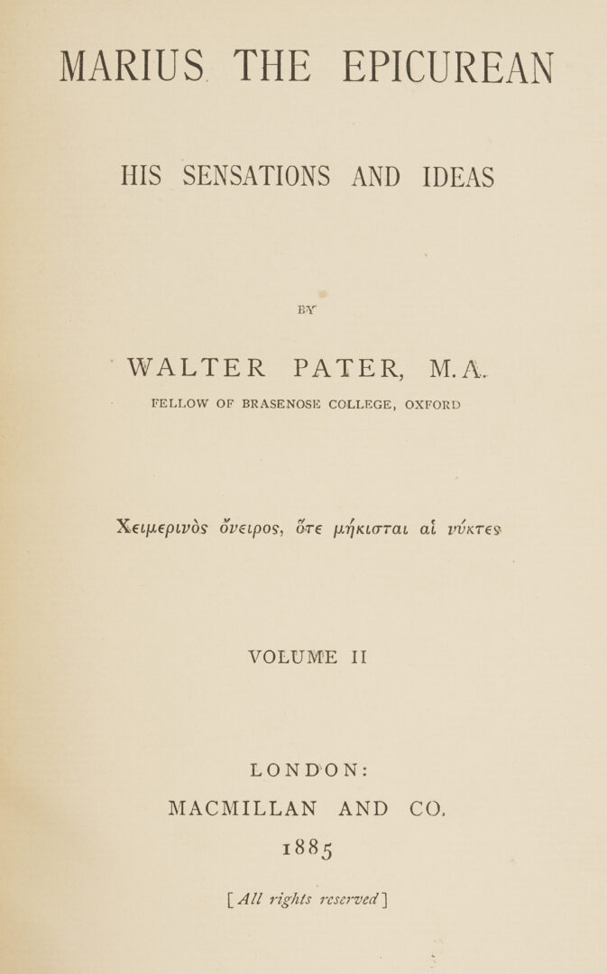 Lot 552: 9 Walter Pater Books, 1st Editions, Bound by Riviere & Son