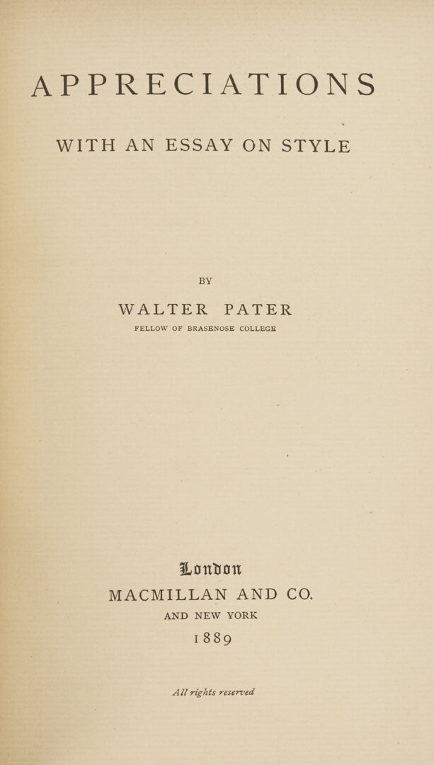 Lot 552: 9 Walter Pater Books, 1st Editions, Bound by Riviere & Son