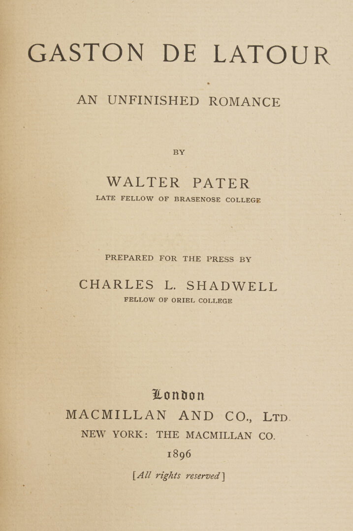 Lot 552: 9 Walter Pater Books, 1st Editions, Bound by Riviere & Son