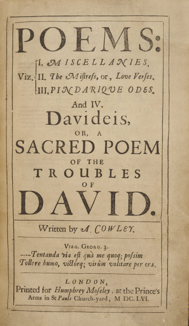 Lot 554: Poems by Abraham Cowley, 1656 First Collected Edition