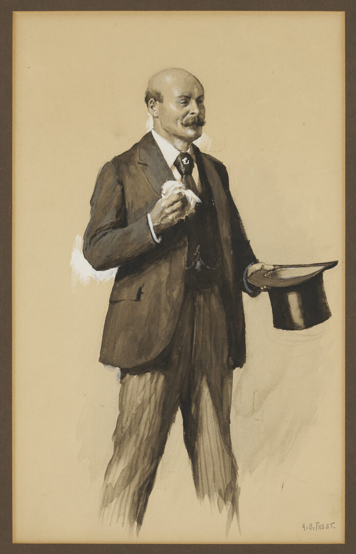 Lot 556: A.B. Frost Illustration Artwork, Man w/ Top Hat from Scribner’s, Plus Book