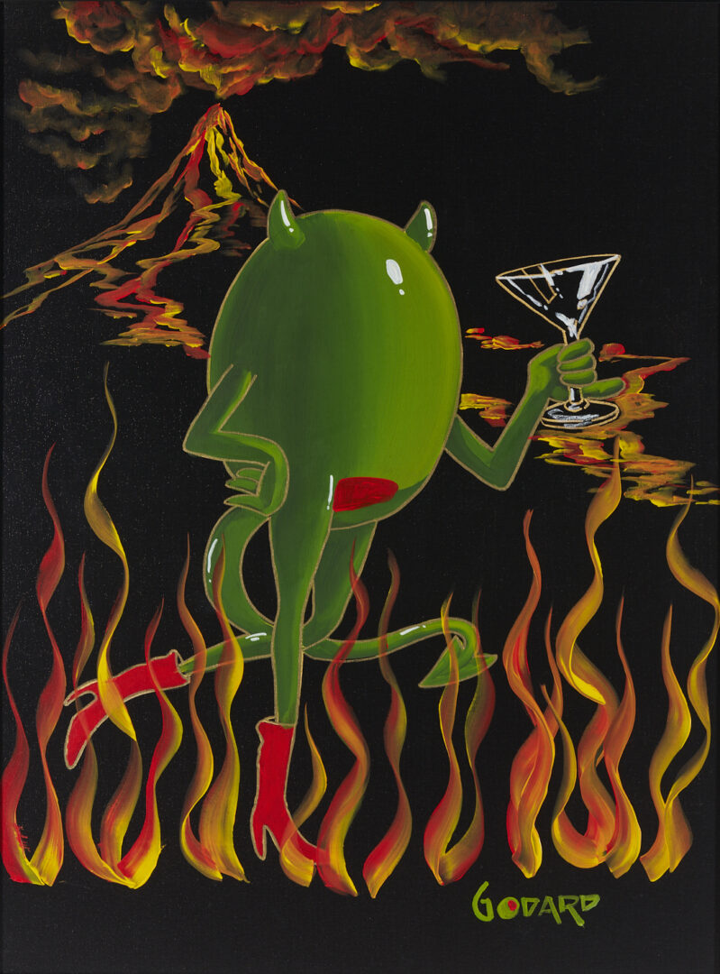 Lot 564: Godard Acrylic on Canvas, Animated Olive w/ Horns