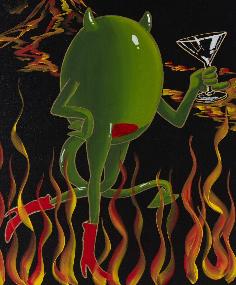 Lot 564: Godard Acrylic on Canvas, Animated Olive w/ Horns