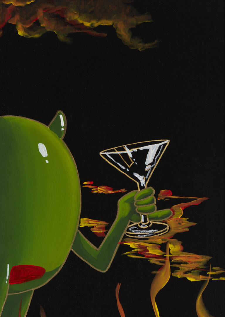 Lot 564: Godard Acrylic on Canvas, Animated Olive w/ Horns