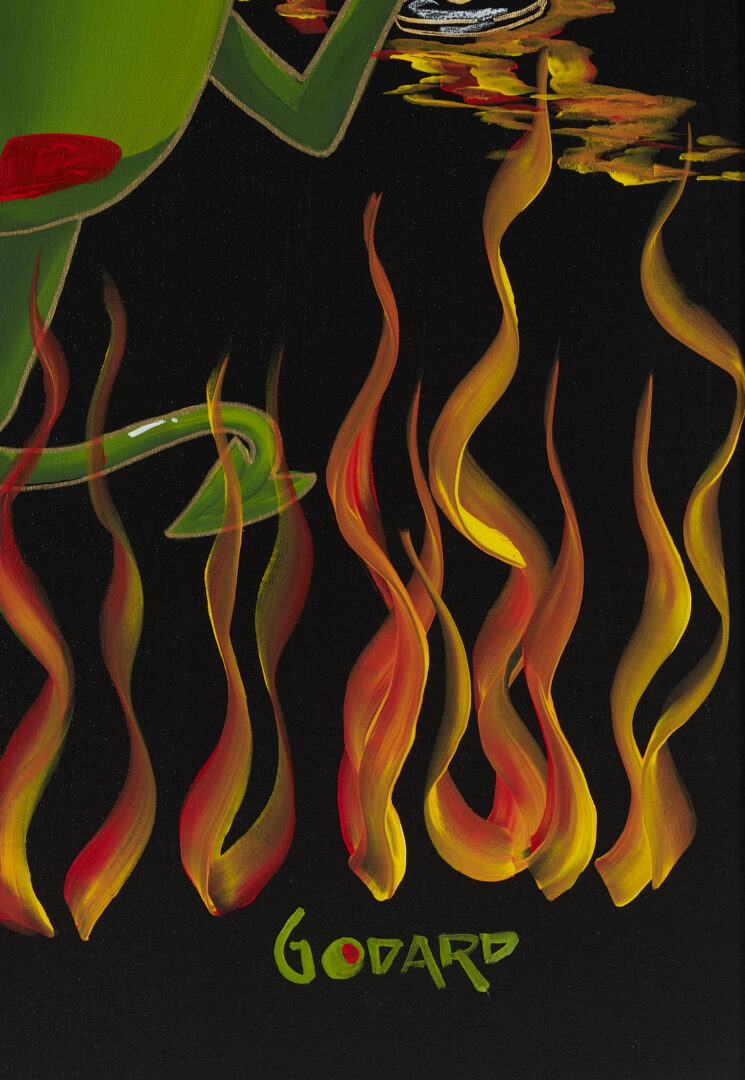 Lot 564: Godard Acrylic on Canvas, Animated Olive w/ Horns