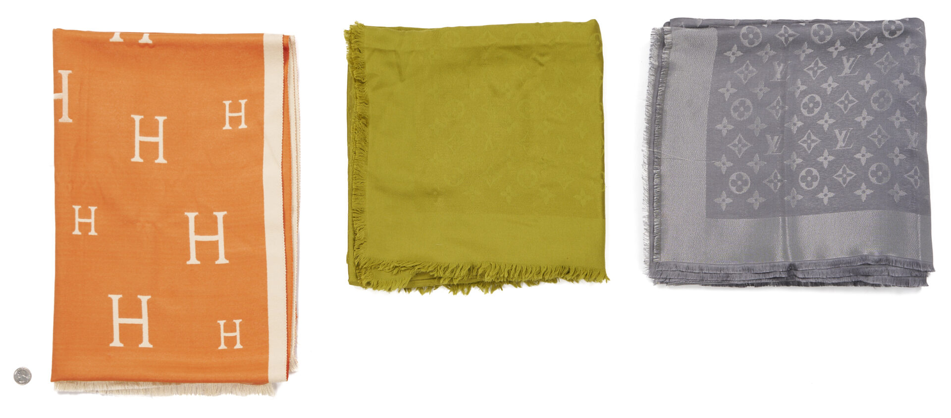 Lot 568: Orange and Beige Hermes Cashmere Stole and 2 Louis Vuitton Scarves