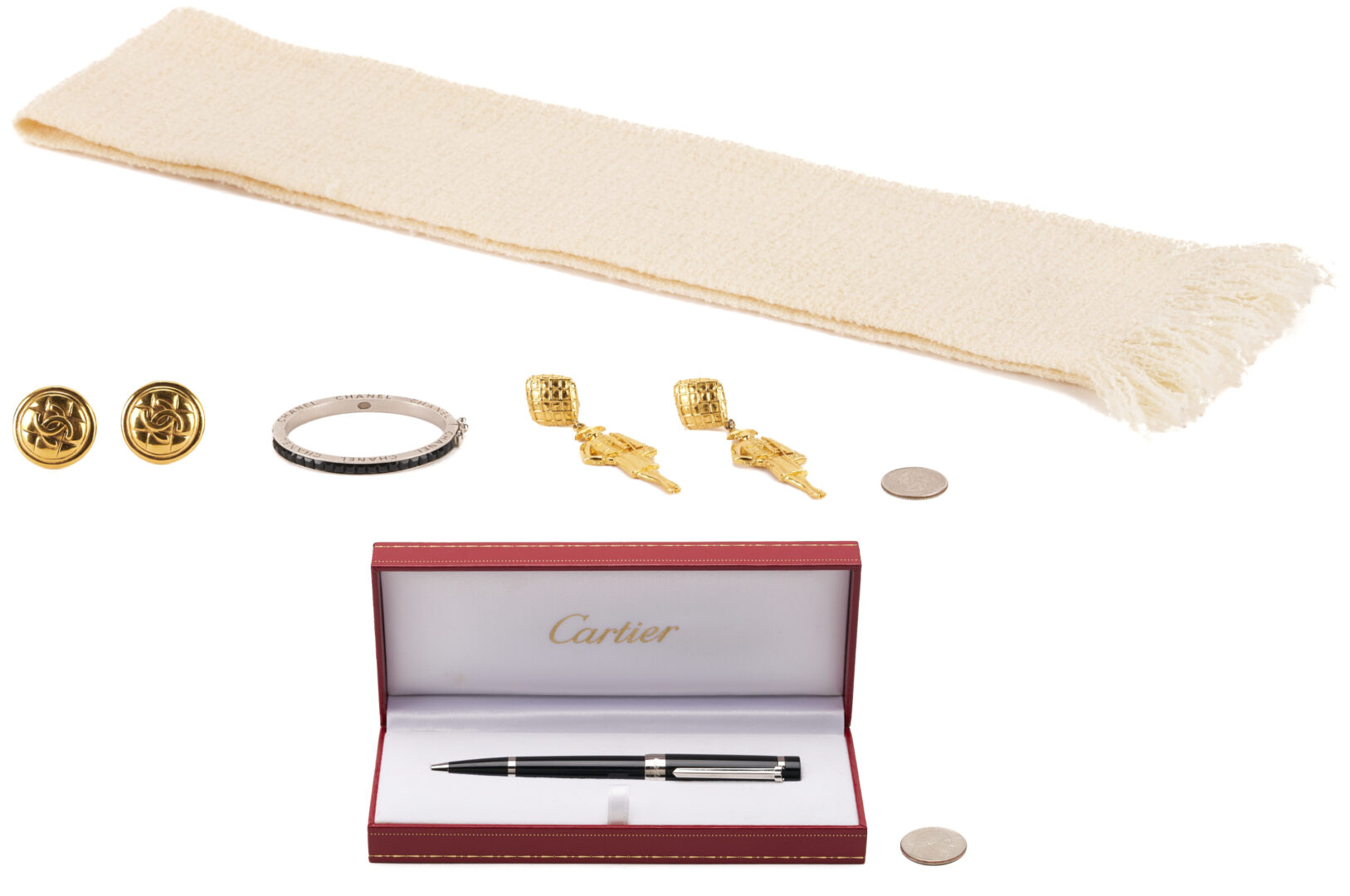 Lot 571: 4 Vintage Chanel Items, Earrings, Bangle & Scarf