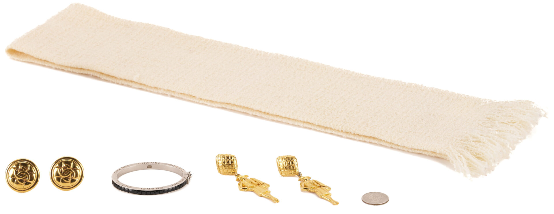 Lot 571: 4 Vintage Chanel Items, Earrings, Bangle & Scarf