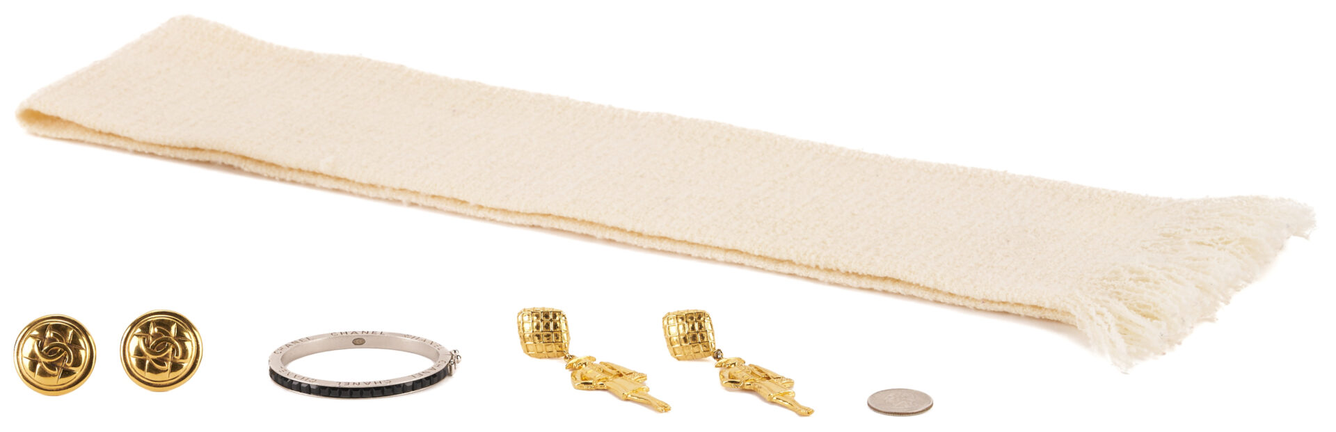 Lot 571: 4 Vintage Chanel Items, Earrings, Bangle & Scarf