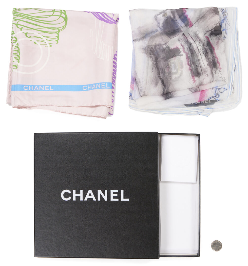 Lot 573: 2 Silk Chanel Scarves incl. Eiffel Tower and Karl Lagerfeld