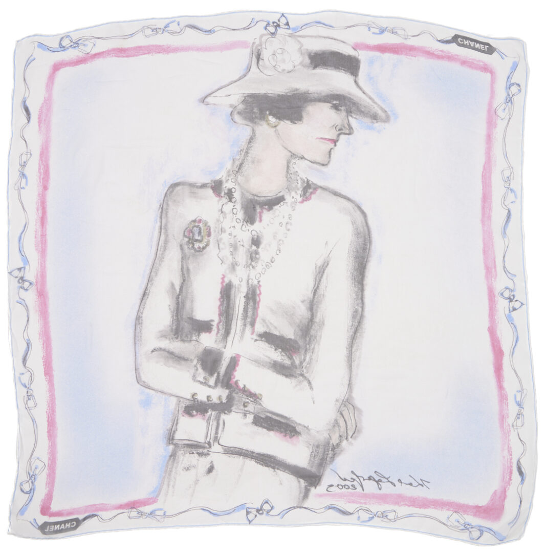 Lot 573: 2 Silk Chanel Scarves incl. Eiffel Tower and Karl Lagerfeld