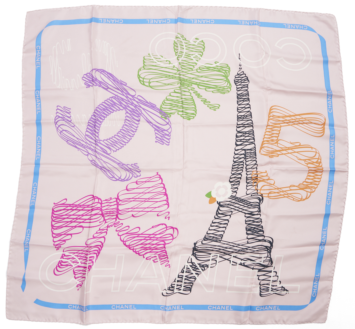 Lot 573: 2 Silk Chanel Scarves incl. Eiffel Tower and Karl Lagerfeld