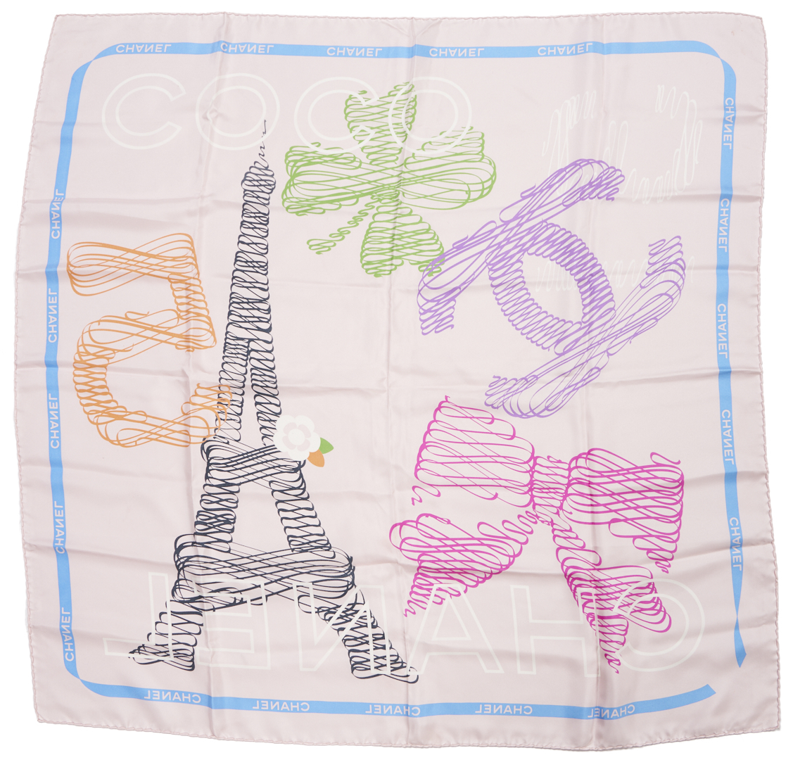 Lot 573: 2 Silk Chanel Scarves incl. Eiffel Tower and Karl Lagerfeld