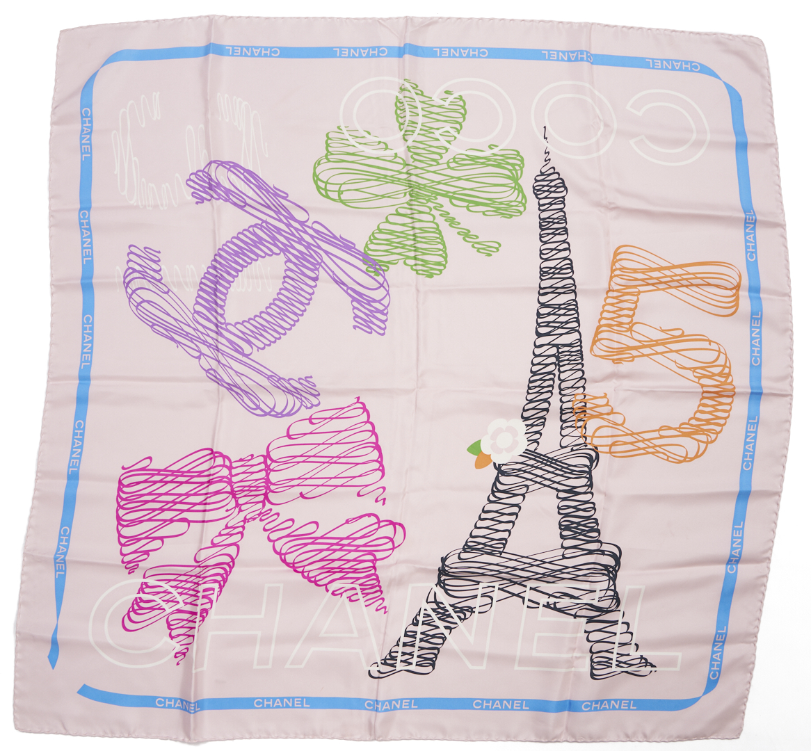 Lot 573: 2 Silk Chanel Scarves incl. Eiffel Tower and Karl Lagerfeld