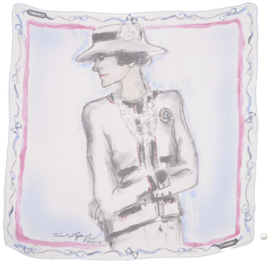 Lot 573: 2 Silk Chanel Scarves incl. Eiffel Tower and Karl Lagerfeld