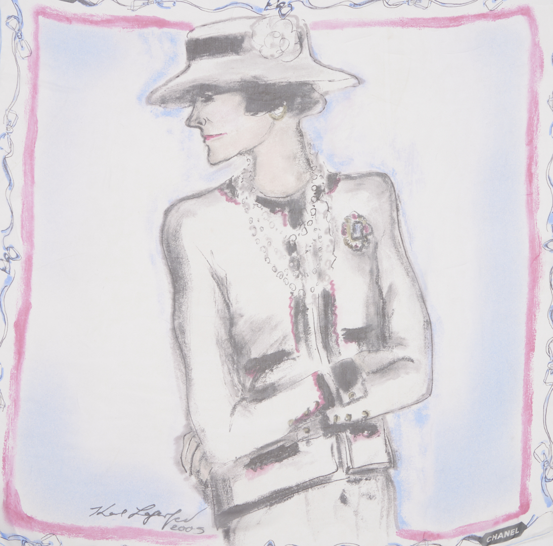 Lot 573: 2 Silk Chanel Scarves incl. Eiffel Tower and Karl Lagerfeld