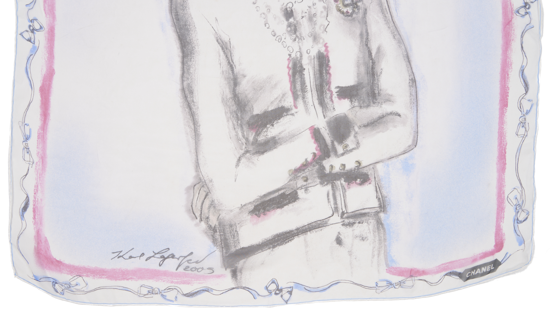 Lot 573: 2 Silk Chanel Scarves incl. Eiffel Tower and Karl Lagerfeld