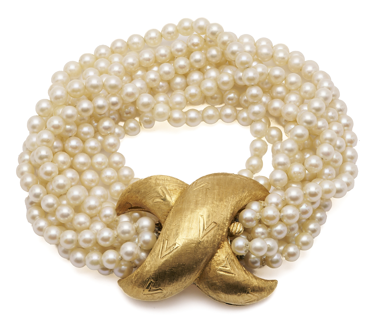 Lot 577: 18K Gold Designer Multi-Strand Pearl Bracelet