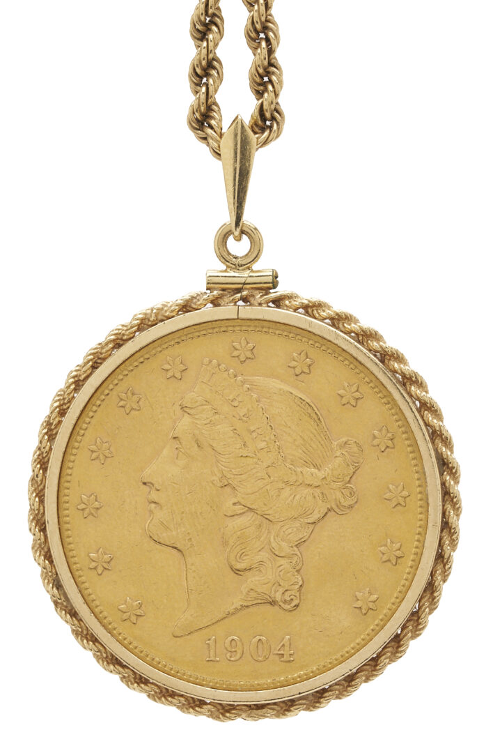 Lot 57: 1904 $20 Liberty Coin Pendant w/ 14K Gold Necklace
