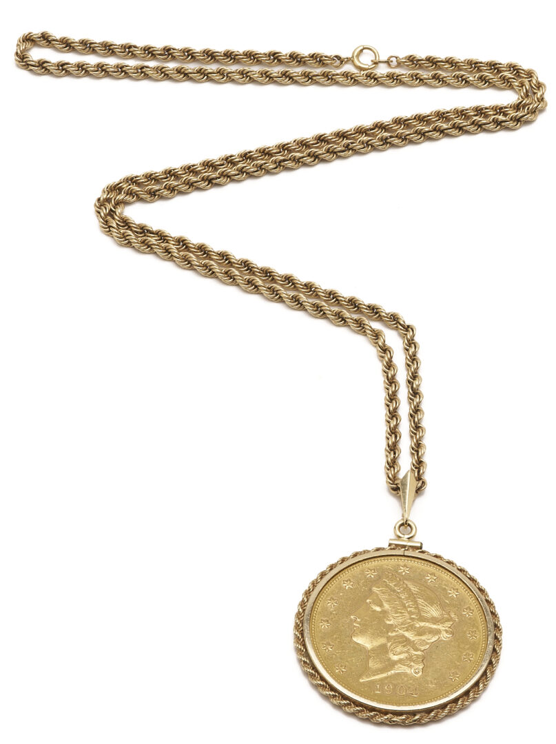 Lot 57: 1904 $20 Liberty Coin Pendant w/ 14K Gold Necklace