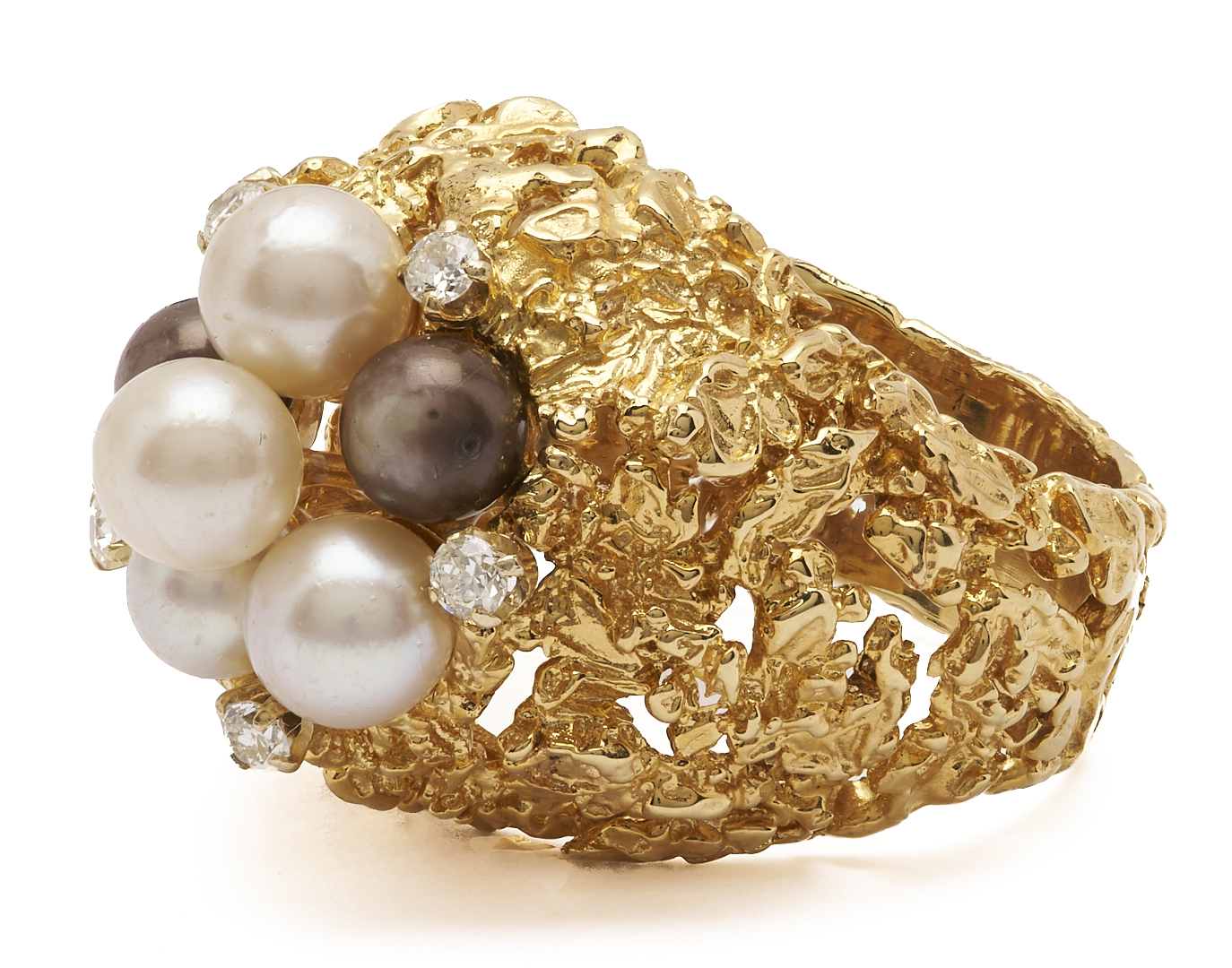 Lot 594: 18K Gold, Pearl, & Diamond Nugget Ring