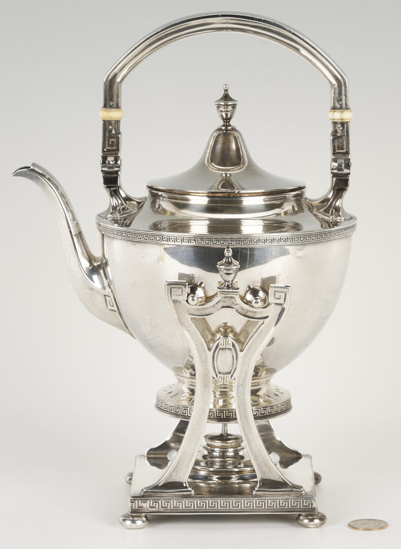 Lot 606: Gorham Sterling Etruscan Tea Kettle on Stand