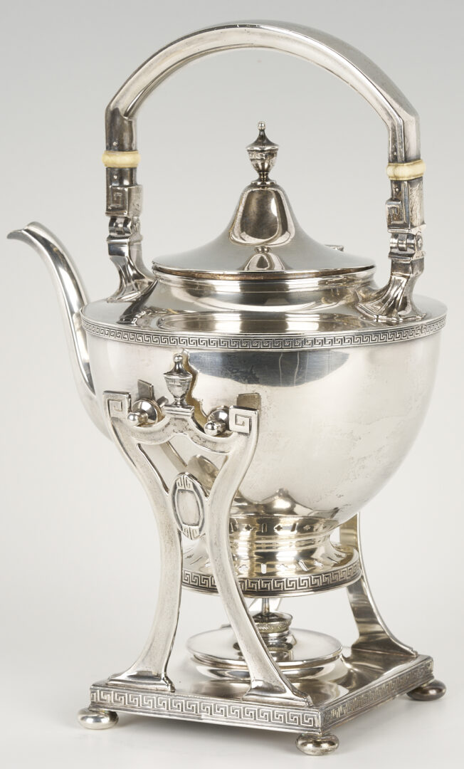 Lot 606: Gorham Sterling Etruscan Tea Kettle on Stand