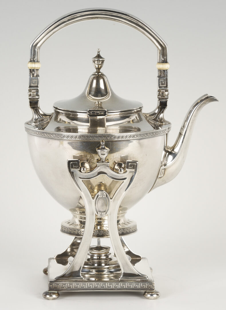 Lot 606: Gorham Sterling Etruscan Tea Kettle on Stand