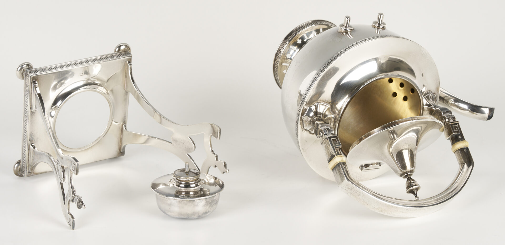 Lot 606: Gorham Sterling Etruscan Tea Kettle on Stand