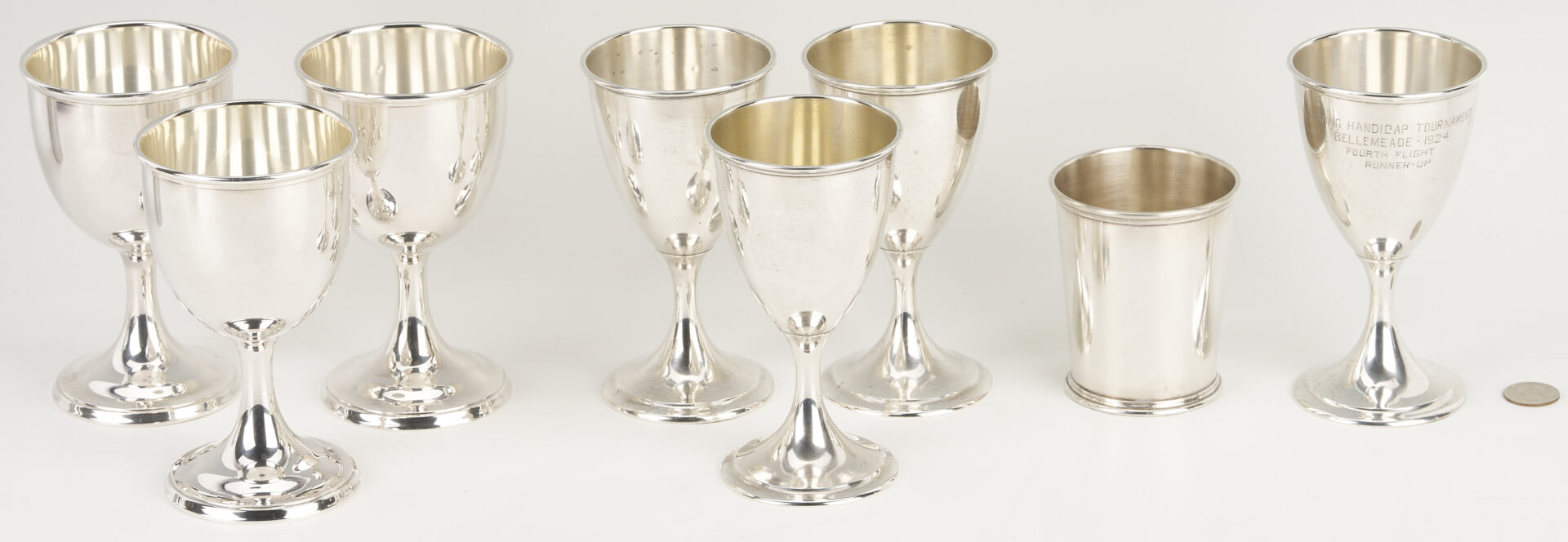 Lot 615: 7 Sterling Silver Goblets Incl. Bellemeade Golf Trophy Plus Julep Cup