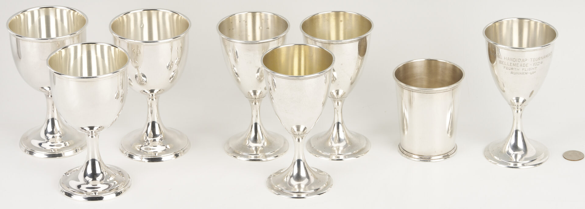 Lot 615: 7 Sterling Silver Goblets Incl. Bellemeade Golf Trophy Plus Julep Cup